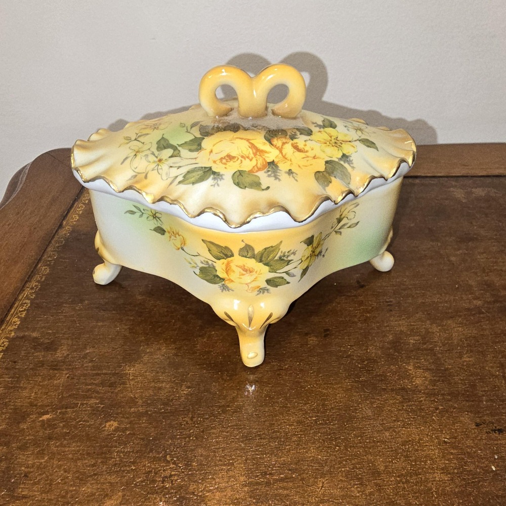 Fleur de Lis Yellow Rose Trinket Box With Lid Shabby Chic Boudoir Decor
